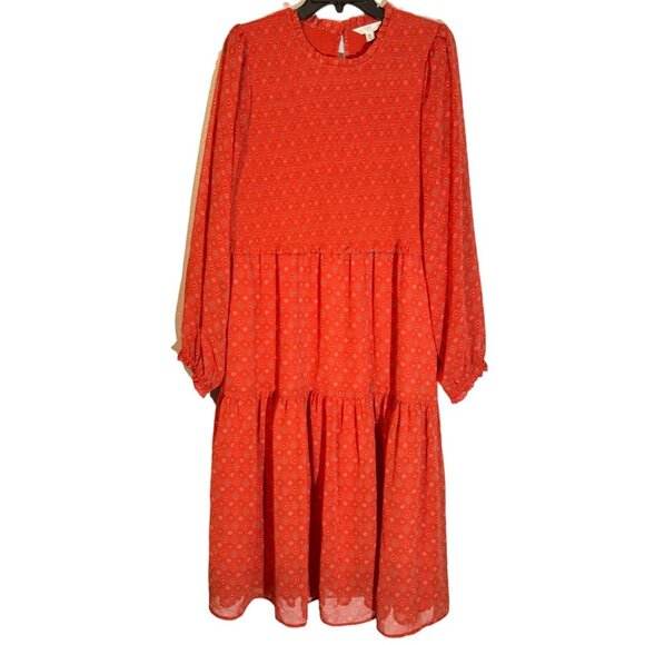 Time & Tru Orange Multi Patterned Long Sleeve Dress XXL Midi Dress. NWOT - Picture 1 of 12